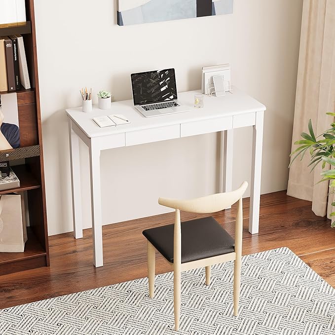 Solid Wood Desk with Drawers - 39" Narrow Desks for Small Spaces, Mid Century Modern Desks, Small Wooden Vintage Computer Writing Desk, Study Table for Home Office Bedroom, White