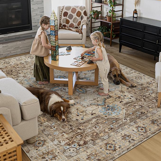Area Rug 8x10 Vintage Rug: Large Washable Indoor Medallion Rugs Low Pile Distressed Floor Carpet Retro Accent Rug for Living Room Bedroom Kitchen Dining Table Home Office(Brown/Blue, 8'x10')