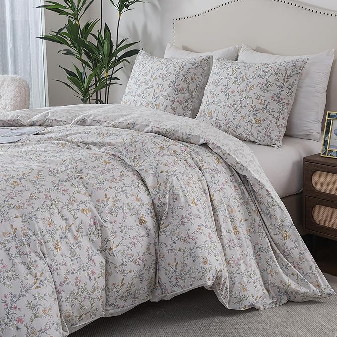 HoneiLife Wildflower Duvet Cover King - 100% Cotton Comforter Cover Sets, 3-PC Soft & Breathable Floral Duvet Cover Sets, Botanical Duvet Cover with Zipper Closure & Corner Ties, Lively Spring
