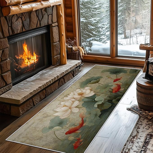 Lotus Flower Runner Rug 4x10, Koi Fish Design, Asian Art Area Rug, Washable Non-Slip Floor Carpet Runner for Bedroom, Dining Room, Living Room Aisle