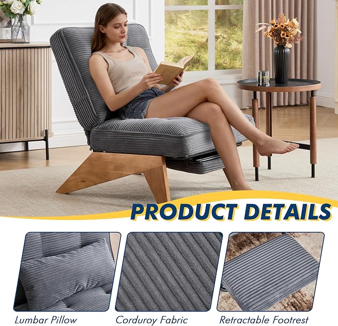 Accent Chair with Ottoman Adjustable Backrest, Stripe Living Room Chair Indoor Lounge Chair with Build-in Footrest Set, Modern Chair Cozy Reclining Chair for Reading Room, Grey