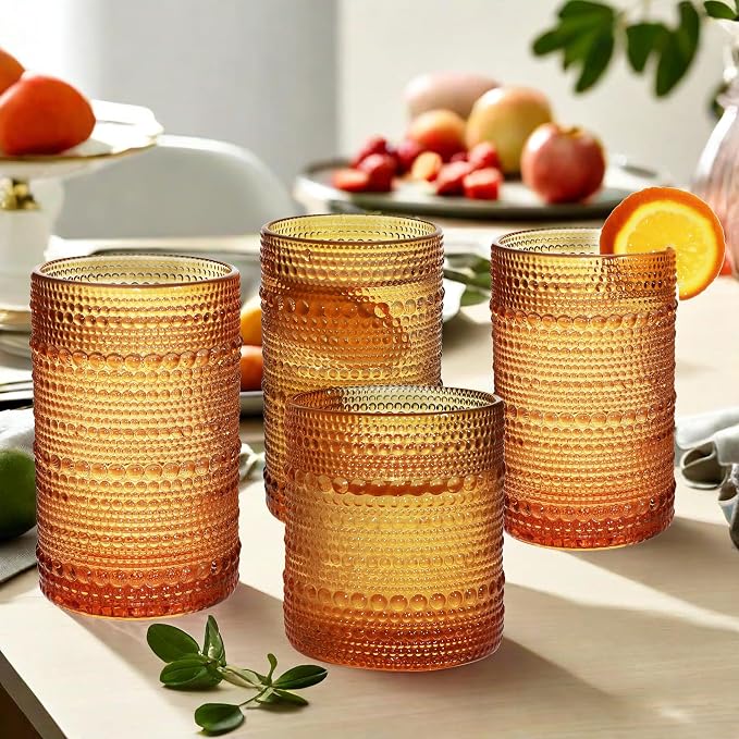 Vintage Hobnail Driinking Glasses Set, Glassware Drinking Set of 8, 12 oz Highball Glasses & 10 oz Cocktail Glasses, Tumbler Glasses for Cocktails, Whiskey, Juice, Milk