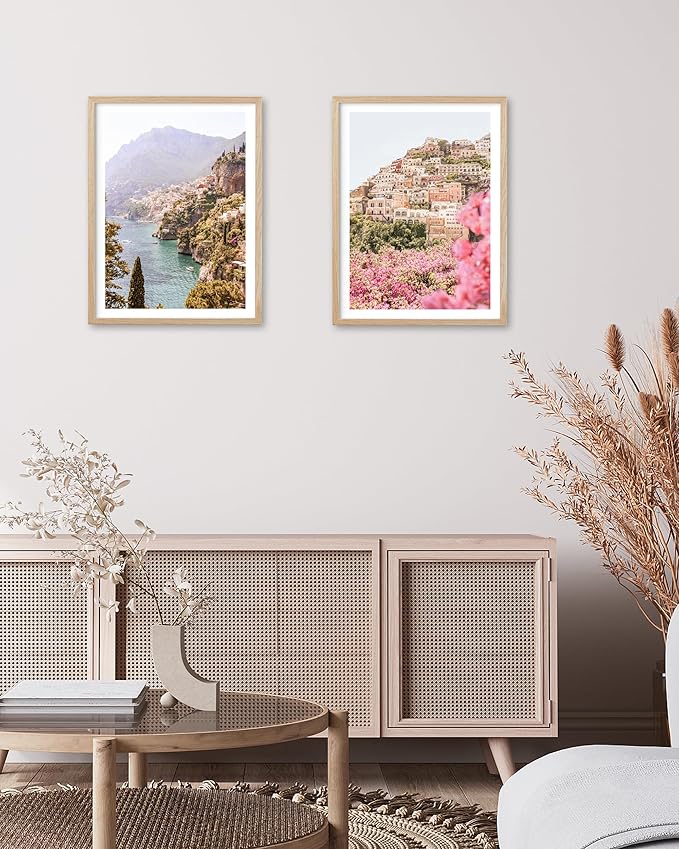 HesenDot Natural OAK Wood Amalfi Coast Framed Wall Art,12x16in Italy Beach Canvas Wall Print, Pink Flowers House Boho Wall Decor for Living Room,Bedroom,Office Gallery Gifts Set of 1