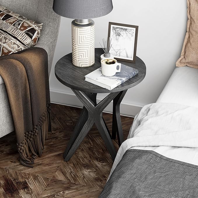 LONYKE Pedestal Farmhouse End Table Set of 2, Distressed Top with Tripod Base Bedside Table for Living Room, Modern, Boho Decor, Round (2-Pack, Distressed Black)
