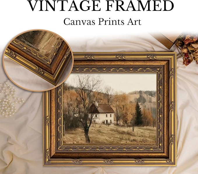 Vintage Gold Framed Autumn Country Cottage Wall Art ，Rustic Farmhouse Landscape Canvas Prints, Retro Fall Cabin Painting for Living Room Bedroom Kitchen Wall Decor，9x11in