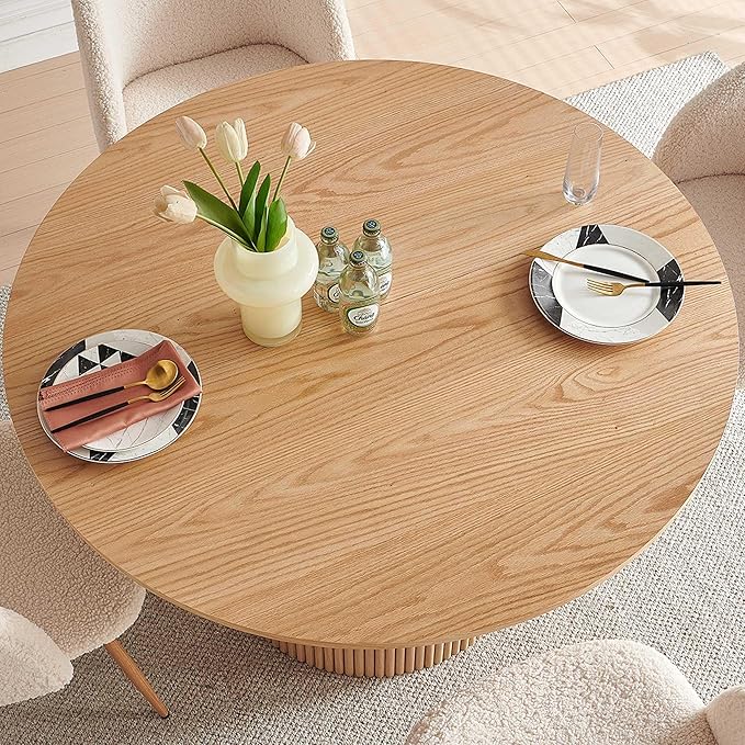 5 Piece Modern Round Dining Table and 4 Off White Barrel Kitchen Chairs Set, 47" Kitchen Table Wooden with Oak Veneer Tabletop, Faux Fur Sherpa Round Dining Chairs Table Set, Metal Frame