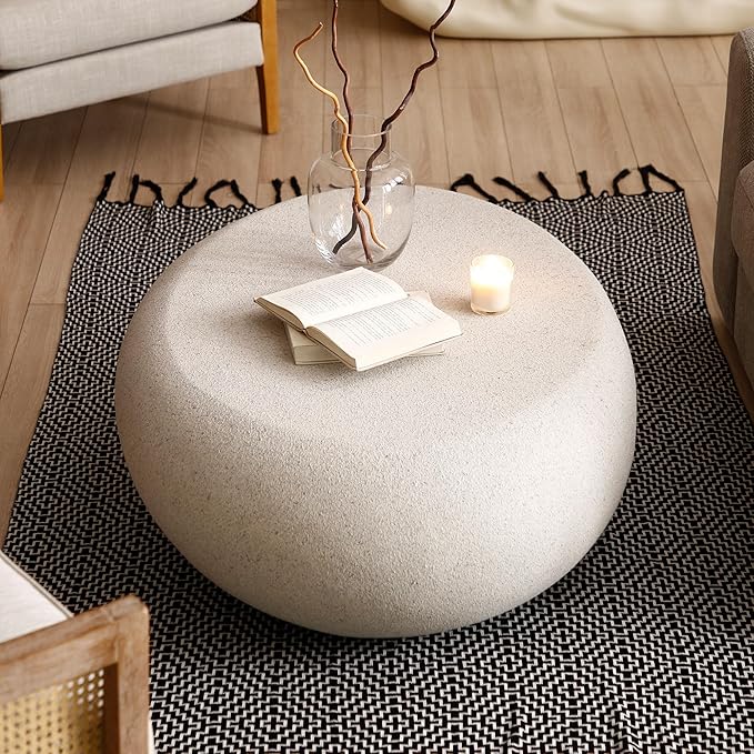 Coffee Table, 43.31" Fiberglass Matte Rocks Table Irregular Stone Center Table for Living Room Apartment, No Assembly, Cream White
