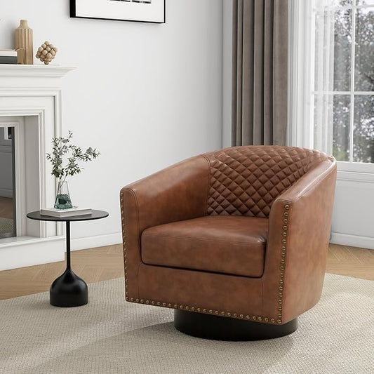 UIXE Faux Leather Swivel Accent Chair, Barrel Club Chair Modern Upholstered Armchair for Living Room, Comfy Single Sofa Bedroom Side Reading Seat - Brown