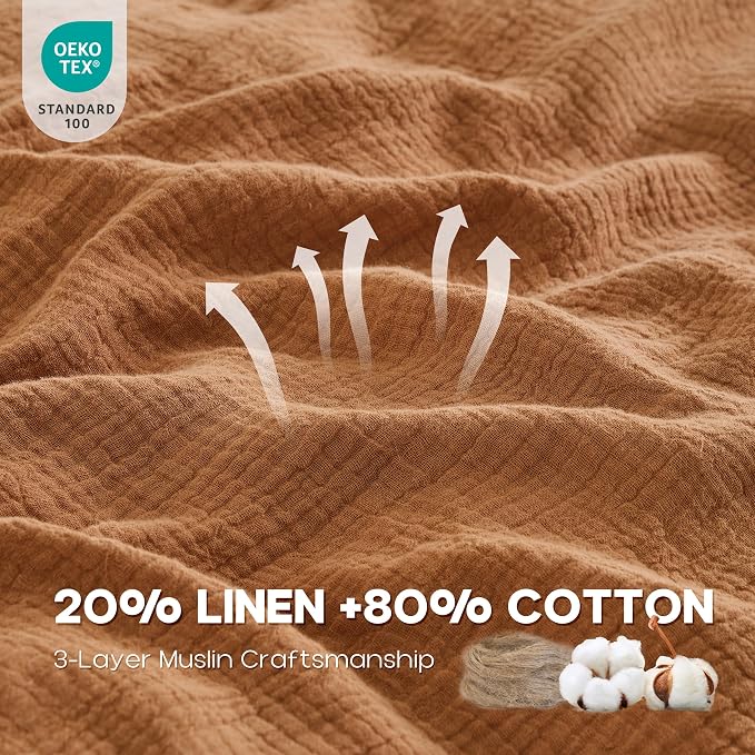 Simple&Opulence Linen Muslin Duvet Cover Set Twin Size, 3Pcs Rust Linen Cotton 3-Layer Gauze Minimalist Comforter Cover 68”x86”, Ultra Soft Breathable Seersucker Bedding Set with 1 Pillowcase
