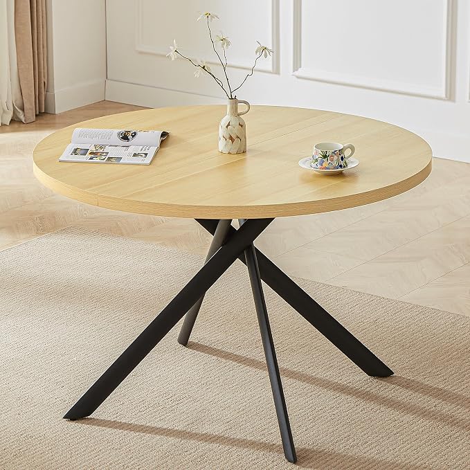 HIPIHOM 45.3 Inch Modern Round Dining Table for 4, Space-Saving Dinette with Carbon Steel Legs for Home Kitchen Apartment(Cream Table)