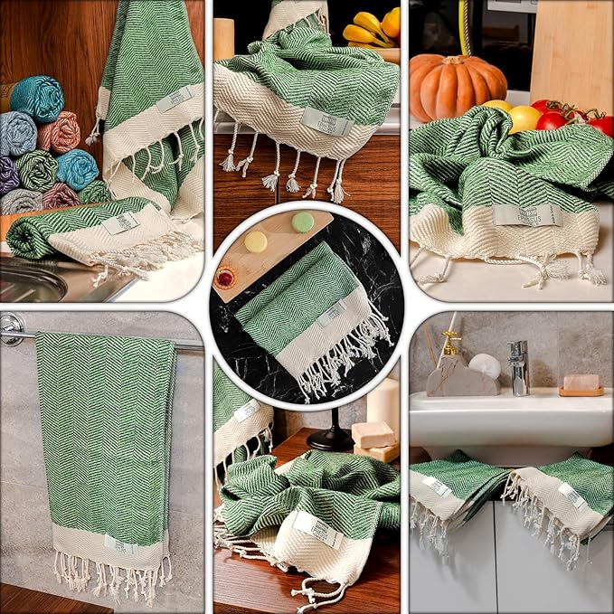 Hand Towels - Set of 2 | 18" x 30" - Decorative Turkish Hand Towel for Bathroom, Kitchen, Guest, Face, Hair, Tea, Dishcloth (Herringbone, Apple Green)