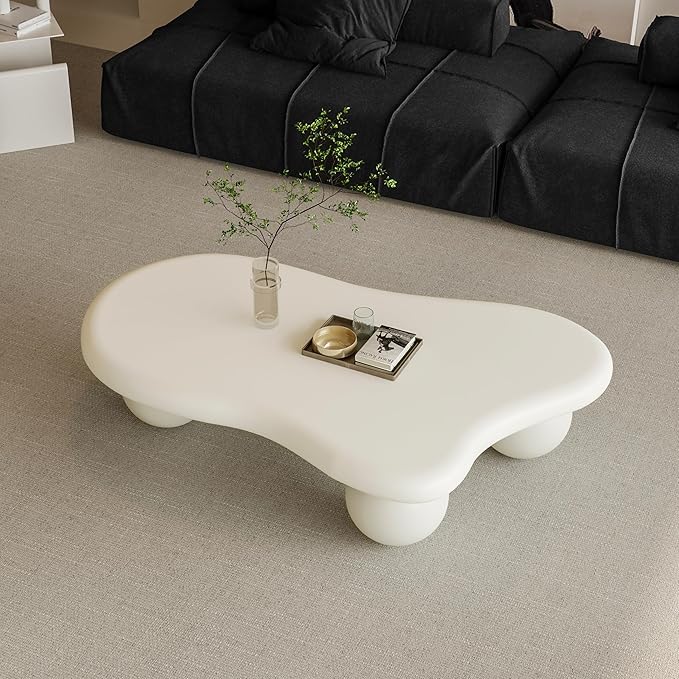 47" Cream White Coffee Table Modern Cloud Shape Low Center Table Cute Irregular Indoor Tea Table with 3 Ball Legs for Living Room Small Space Apartment