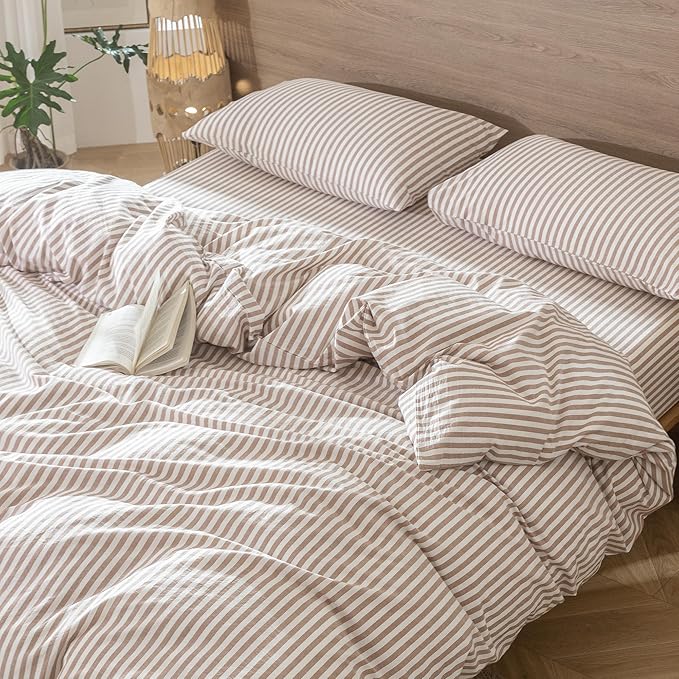 MooMee Striped Duvet Cover Set 100% Washed Cotton Linen Like Textured Breathable Durable Soft Comfy (Orange Classic Stripes, Twin 68"x90")