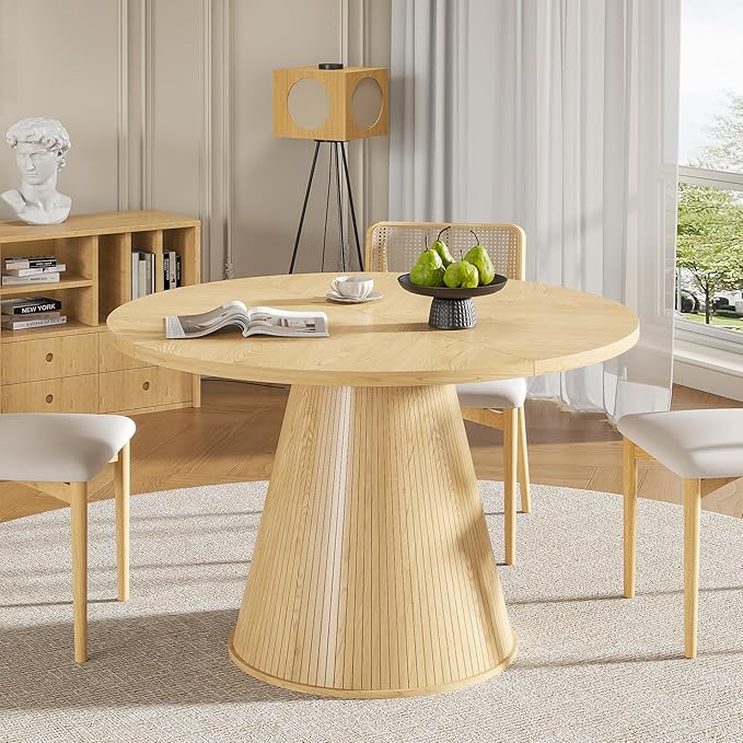 Round Dining Table for 4, Farmhouse Fluted Dining Kitchen Table, 47 Inch Modern Wood Small Circle Dining Table for Kitchen Living Room (Wood, 47inch)