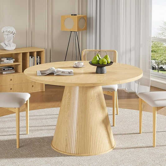 Round Dining Table for 4, Farmhouse Fluted Dining Kitchen Table, 47 Inch Modern Wood Small Circle Dining Table for Kitchen Living Room (Wood, 47inch)