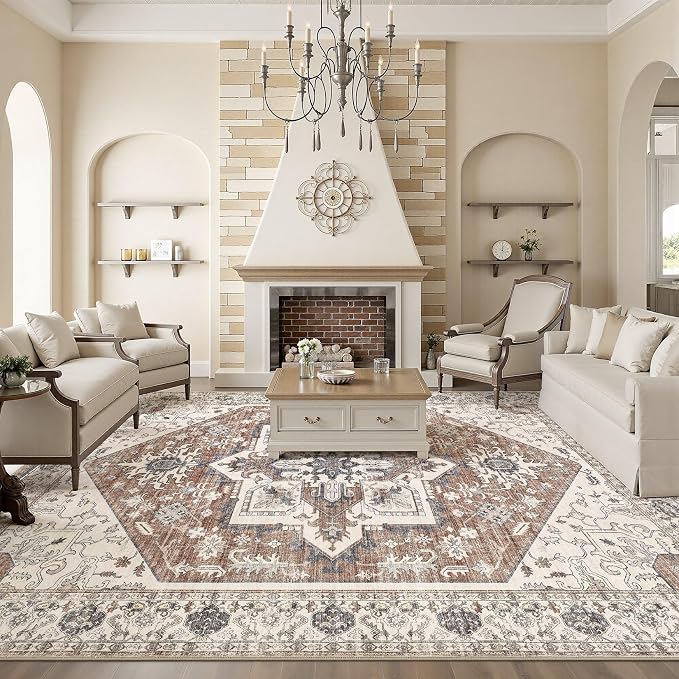 Area Rug 7x9 for Living Room - Washable Oriental Vintage Floral Distressed Large Indoor Carpets with Non Slip Back for Bedroom Dining Room Nursery Office Home Decor -Terracotta/Brown