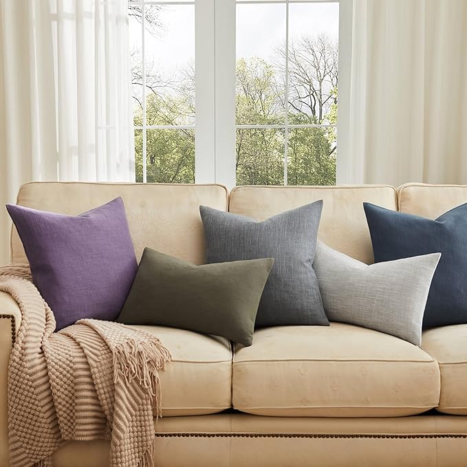 ZeeMart Rustic Cotton Linen Throw Pillow Covers Set of 2, 16x16 Inch Dark Grey, Farmhouse Style Decorative Couch Pillow Cases Cushion Covers for Sofa Bed Living Room Home Decor