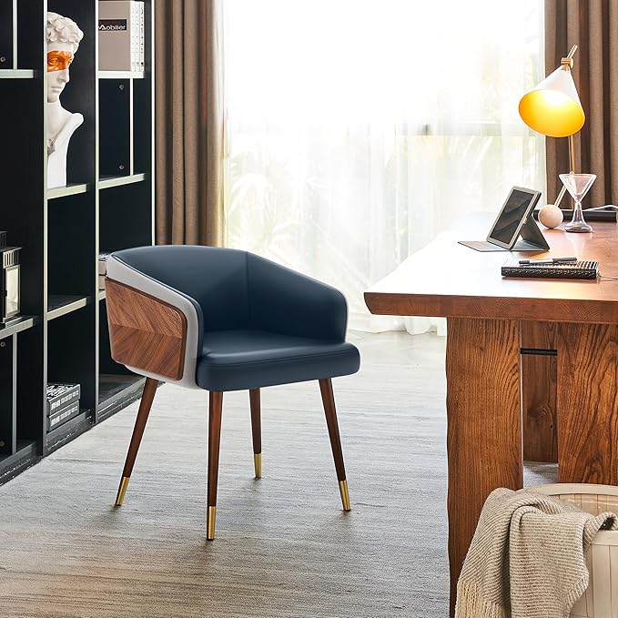 ARTPLAN Dining Accent Chair,Modern Faux Leather with Walnut, Mid Century Eucalyptus Upholsted Retro Arm Chair, Metal Legs Dissassembly Adjustable Foot for Kitchen Dining Room,Navy Blue