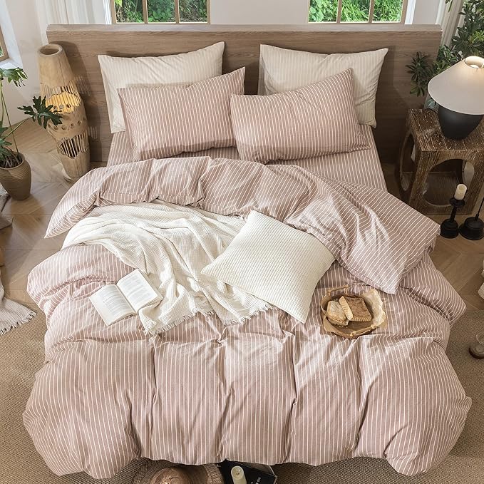 MooMee Striped Duvet Cover Set 100% Washed Cotton Linen Like Textured Breathable Durable Soft Comfy (Orange White Wide Stripes, King 104"x90")