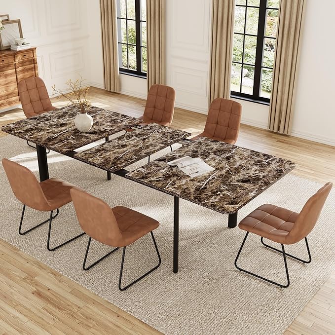 Extendable Dining Table Set for 6-8 People, 63 to 78.7 Inch MDF Kitchen Table with 6 Upholstered Chairs, Space-Saving for Dining Room, Breakfast Nook (Brown Table & 6 Brown U-Shaped Chairs)