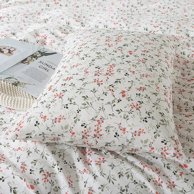 HoneiLife Duvet Dover King Size - 100% Cotton Comforter Cover Floral Duvet Cover Sets, Breathable Duvet Cover with Zipper Closure & Corner Ties, 3-PC Wildflower Comforter Cover Sets, Red Bean