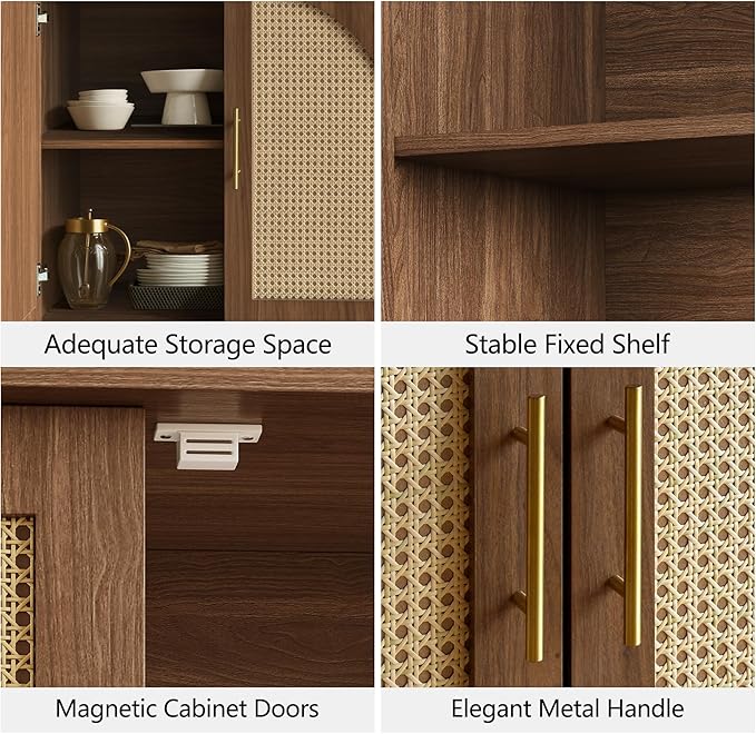 FORTUNETEC 63" Sideboard Buffet Cabinet with Storage, Modern Accent Cabinet with Rattan Arched Doors, Modular Media Console, Boho Credenza for Living Room Kitchen Dining Room Entryway, Walnut