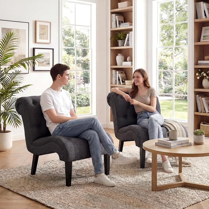 Tufted Upholstered Accent Chair for Living Room Bedroom Lounge Chair Armless Linen Slipper Chair with Wood Legs Gray