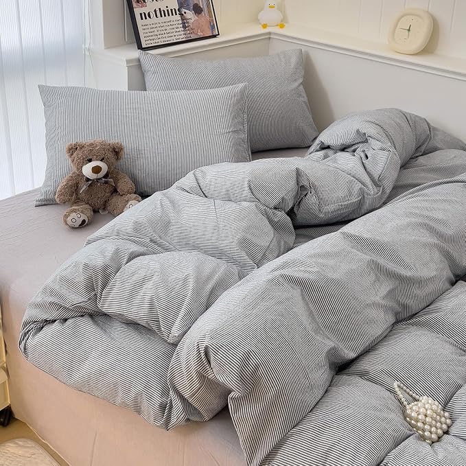 mixinni Grey Striped Duvet Cover Queen Size - 100% Washed Cotton Pinstripe Comforter Cover with Zipper Closure, Lightweight & Breathable, 3 Pieces Minimalist Stripes Pattern Printed Bedding Set