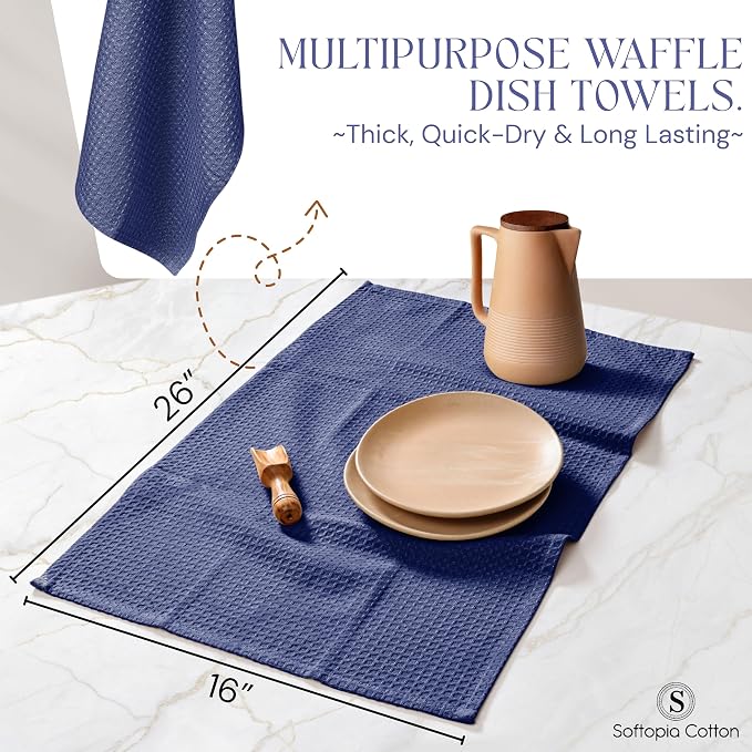 Waffle Weave Dish Towels 4 Pack, 16x26 Inches, Quick Dry Towels for Kitchen, Reusable, Absorbent Wash Cloths Set, Washable Fabric, Heavy Duty for Daily Use - Indigo Blue