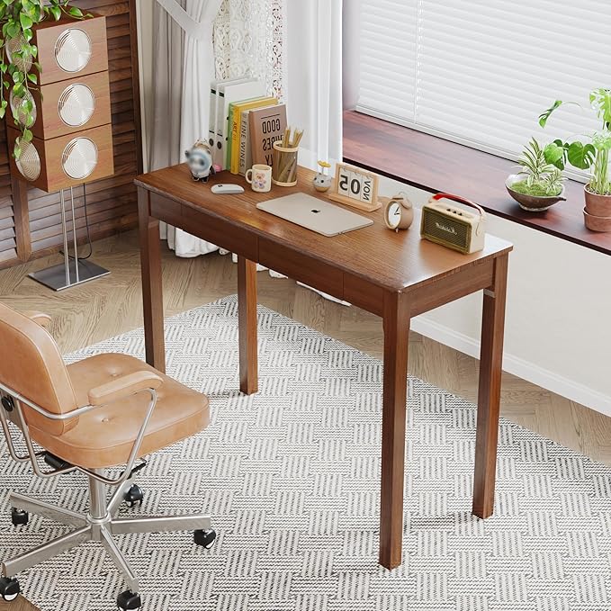 Solid Wood Desk with Drawers - 39" Narrow Desks for Small Spaces, Mid Century Modern Computer Desks, Wooden Vintage Writing Desk, Small Study Table for Home Office Bedroom, Walnut