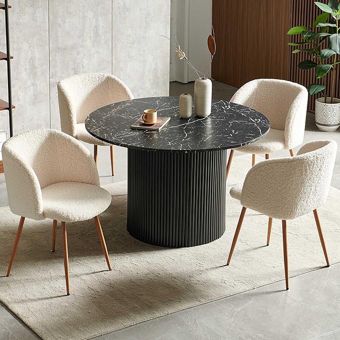 Modern Mid-Century Dining Table Set for 4, Black Round Kitchen Table Fluted and Off White Dining Arm Chairs Set Upholstered Fluffy Faux FurReception Chairs with Metal Legs,Black Marble Look