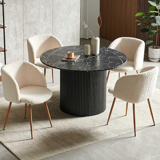 Modern Mid-Century Dining Table Set for 4, Black Round Kitchen Table Fluted and Off White Dining Arm Chairs Set Upholstered Fluffy Faux FurReception Chairs with Metal Legs,Black Marble Look