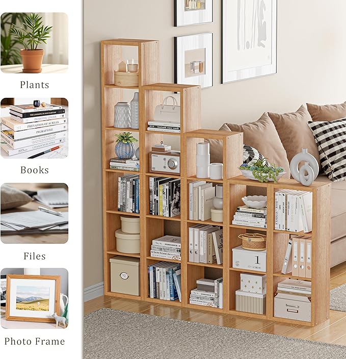 Cube Storage Organizer Bookcase, Small 4 Tier 11 inch Open Back Cubical Shelf with Thickened Border, Display Bookshelf for Living Room, Home Office, Sturdy Room (Natural Oak, 4 Cube,Vertical)