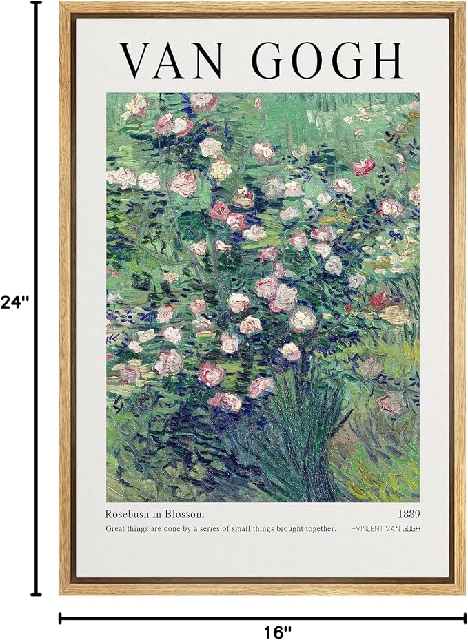 SIGNLEADER Framed Canvas Print Wall Art Rosebush in Blossom Van Gogh Botanical Brushstroke Illustrations Fine Art Traditional Colorful Multicolor for Living Room, Bedroom, Office - 16"x24" Natural