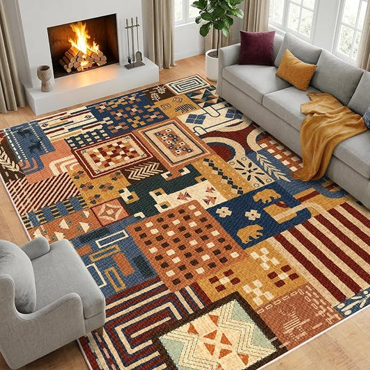 9x12 Southwestern Patchwork Large Area Rug, Geometric Tribal Colorful Rugs for Living Room, Non-Slip Stain Resistant Washable Indoor Carpet for Bedroom, Entryway, Dining Room, Home Office Decor