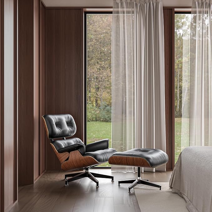 Luxury Top Grain Leather Mid Century Chaise Lounge Chair with Ottoman, Heavy Duty Base Support, Reading Chair, Modern Arm Chair, Leather Accent Chair for Living Room and Office, Walnut