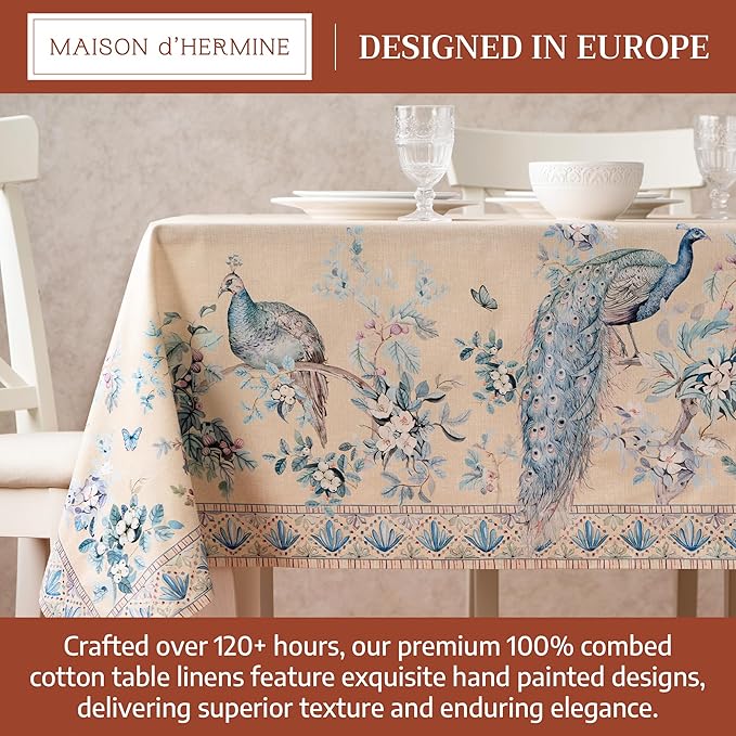 Maison d' Hermine Premium Table Cloth Rectangle Table 100% Combed Cotton 140 x 70 Inches Tablecloth Reusable Decorative for Dining Room, Home, Party, Festive & Wedding - Peacock Utopia - Sandy Beach