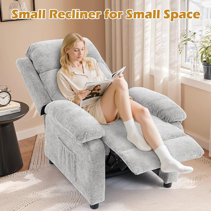 Korser Recliner Chair, Living Room Chairs for Adults, Padded Deep Seat Reading Chair with Side Pockets, Small Recliners for Small Spaces, Lounge Chair for Living Room, Bedroom, and RV (Chenille)