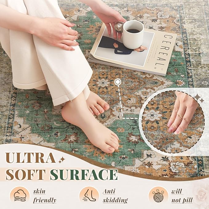 Area Rug 9x12 Vintage Rug: Large Washable Indoor Medallion Rugs Low Pile Distressed Floor Carpet Retro Accent Rug for Living Room Bedroom Kitchen Dining Table Home Office(Brown Green, 9'x12')