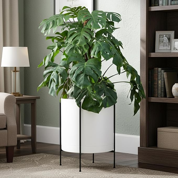 D'vine Dev 16 Inch White Planter Pot with Stand – Modern Plastic Cylinder Flower Pot with Heavy-Duty Metal Stand for Indoor Plants, 55-D-A-5