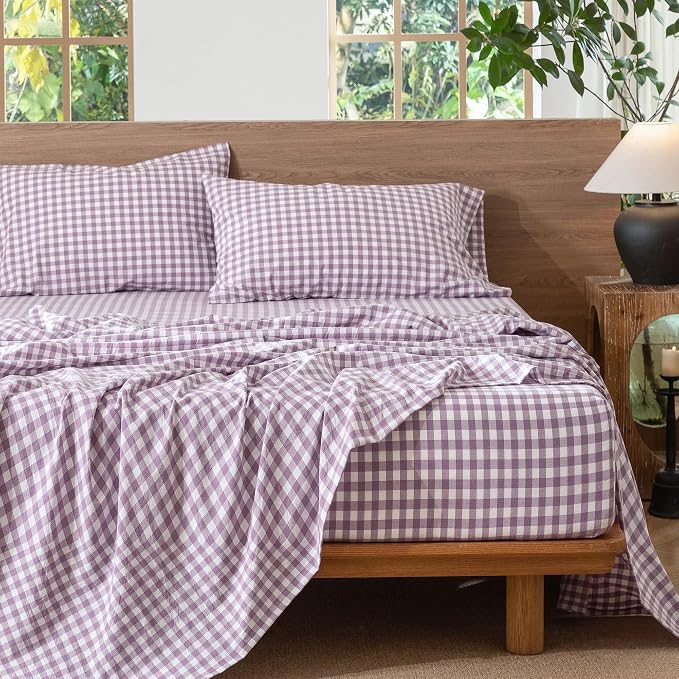 MooMee Gingham Sheet Set 100% Washed Cotton Linen Like Textured Breathable Soft w/Fully Elasticized 16-19" Deep Pocket (Classic Gingham Light Purple, King)