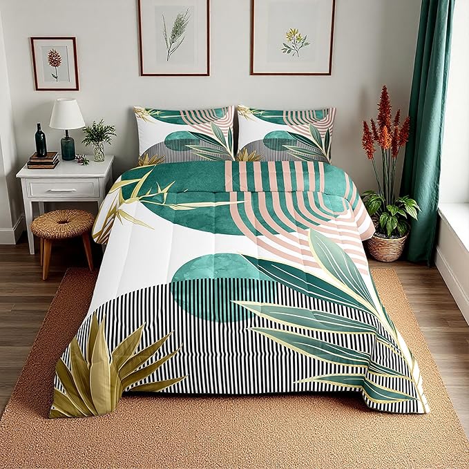 Erosebridal Mid Century Modern Comforter Set King Bohemian Bedding Set for Kids Teens,Boho Tropical Modern Down Comforter Abstract Sun Minimalist Simple Duvet Insert,Green Pink Room Decor