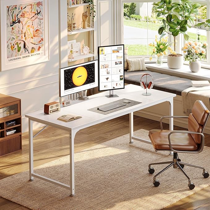 PRAISUN 55 Inch Computer Desk, Home Office Desk with Spacious Desktop, Modern Gaming Desk, Writing Study Table for Bedroom, Small Spaces, Work from Home Desk with Metal Frame, White