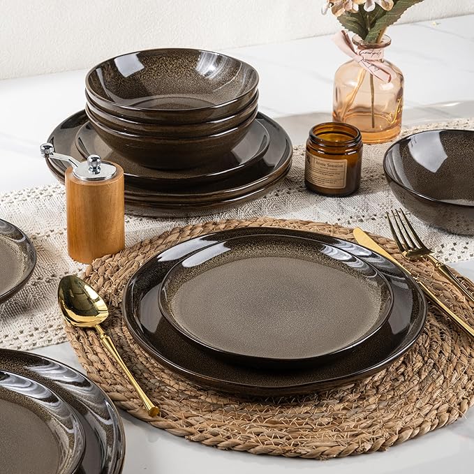 AmorArc Ceramic Dinnerware Sets,Handmade Reactive Glaze Stoneware Plates and Bowls Sets,Highly Chip and Crack Resistant | Dishwasher & Microwave Safe Dishes Set,Service for 4 (12pc)