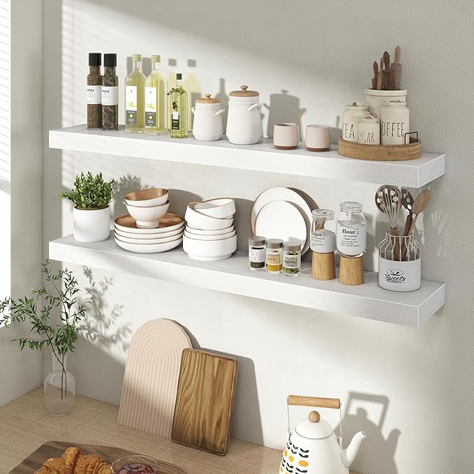 36 Inch Floating Shelves for Wall 2 Pack, 36" Wall Shelves for Books, Storage, Decor, Wall Mounted Floating Shelf with Invisible Brackets for Kitchen, Living Room, White