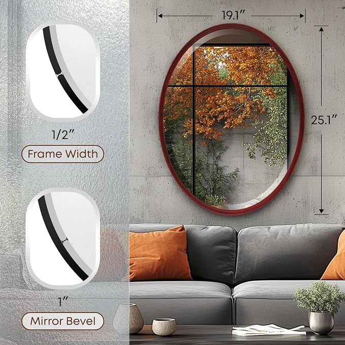 OVALCREST - Oval Wooden Beveled Wall Mirror for Home Decor, Bathroom, Vanity, Bedroom, Living Room, Hallway - London Style (Black Cherry) 25.1 x 19.1