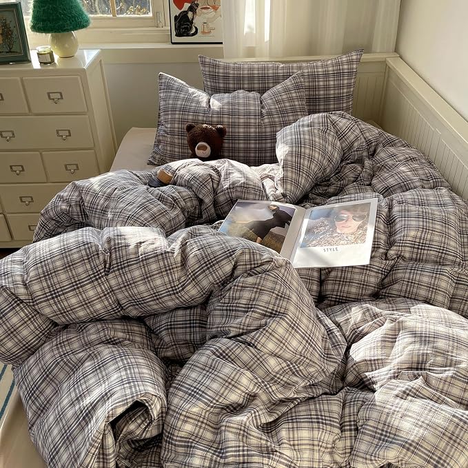 mixinni King Duvet Cover Set - 3 Piece Vintage Buffalo Plaid Bedding, 100% Washed Cotton Duvet Cover with 2 Pillowcases, Soft & Breathable Navy Beige White Geometric Grid Pattern for All Seasons