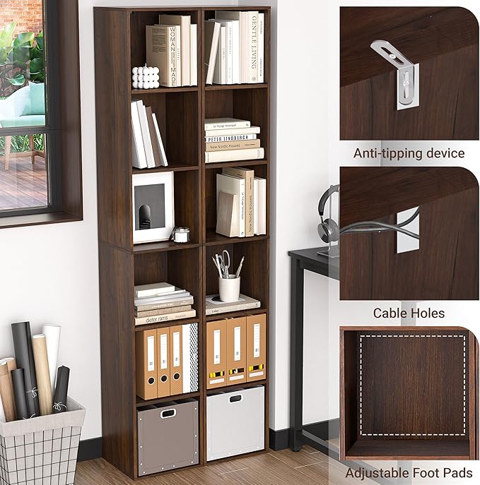 6 Cube Storage Organizer, 6 Tier Cube Low Bookcase Freestanding Storage Display Organizer, Three-Cubes Open Shelf Bookshelf for Home Office (Dark Brown,Black Walnut, 6-Cube)