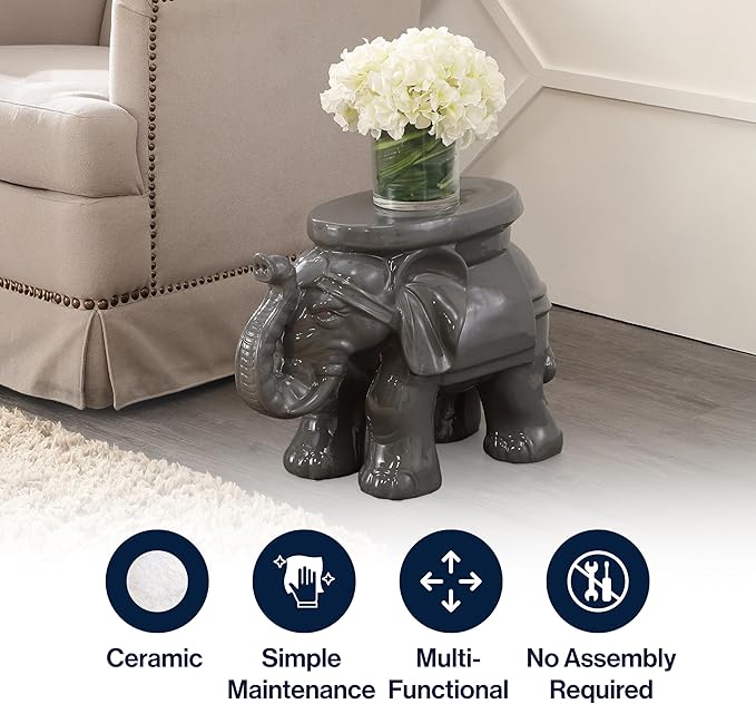 JONATHAN Y TBL1007E White Elephant 14.25" Ceramic Indoor/Outdoor Garden Stool Coastal, Contemporary, Transitional, Patio, Garden Room, Bathroom, Living Room, Gray