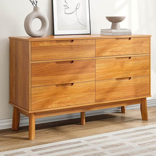47" Wide Wooden Dresser for Bedroom, Mid-Century Modern 6 Drawer Double Dresser with Walnut Wood Grain, Large Horizontal Storage Chest for Living Room, Anti-Tip Kit, Caramel